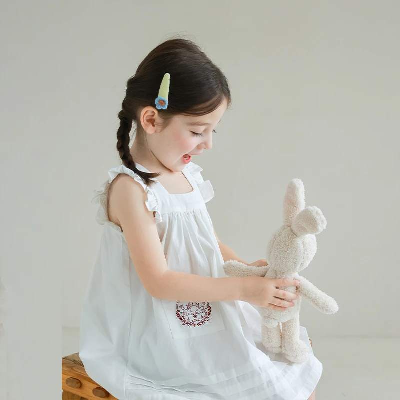 utouto大耳象女童绣花纯色连衣裙2025夏季新款纯棉裙子2503226