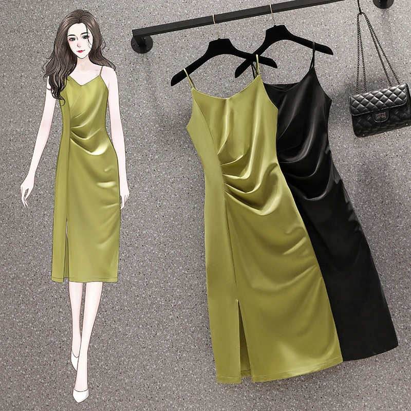 大码高级感醋酸缎面开叉吊带裙女2025夏季新款胖mm收腰显瘦连衣裙