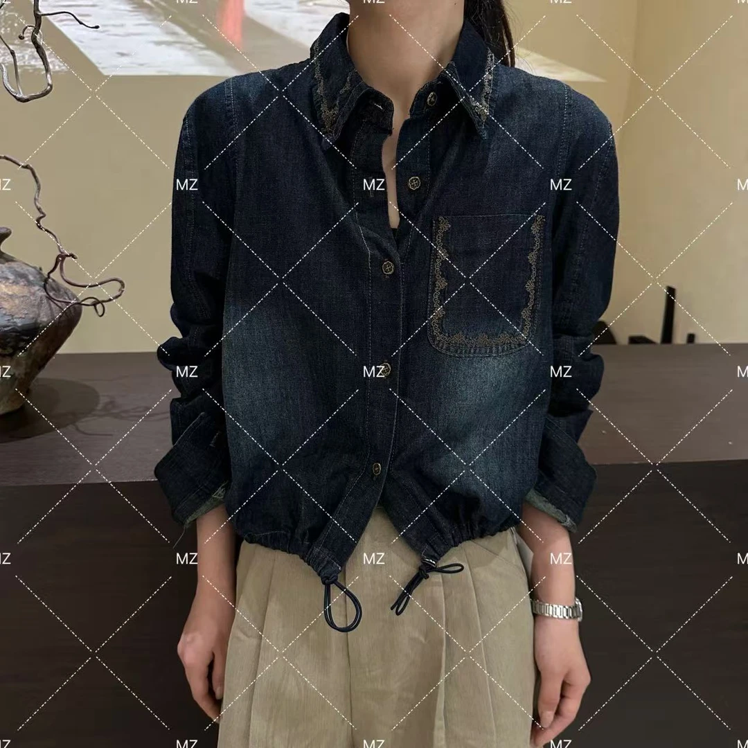 【格子家】秋季翻领单口袋牛仔衬衫B291