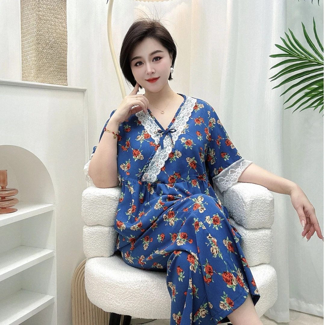 大码外穿家居服套装短袖长裤气质复古V领蕾丝印花显瘦春夏款睡衣