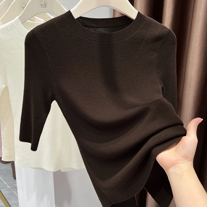 老钱风咖色圆领中袖针织衫2025秋季新款知性大方修身显瘦女士上衣