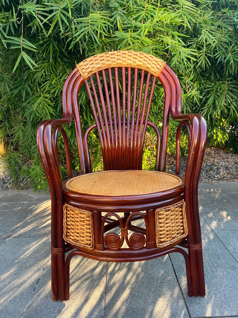 真藤高靠背休闲椅家用阳台客厅红色咖啡色单人椅藤椅手工太师椅