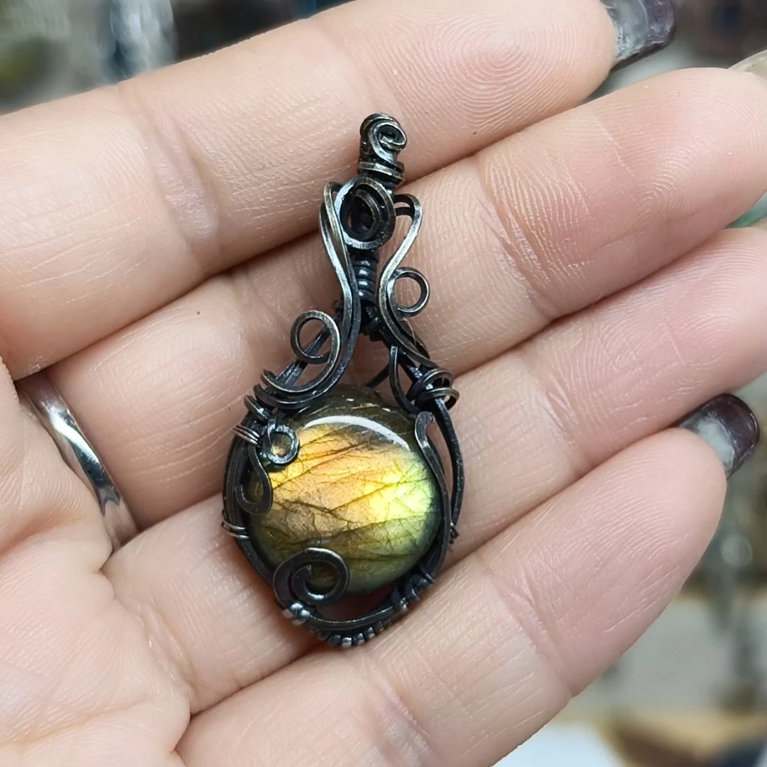 月光石/天河石/长石（处理）手工制作紫铜做旧个性吊坠112