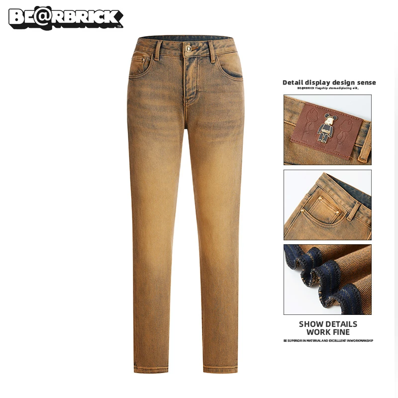 积木熊Be@rbrick【明星同款】皇室金男士牛仔裤秋冬季修身尊贵轻奢