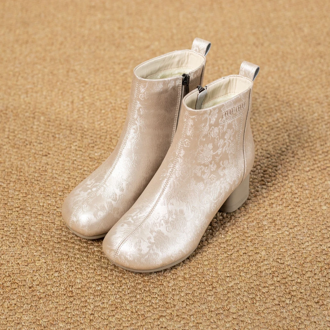 9198新款旗袍靴女款爆款显瘦软底中国风粗跟短靴女真皮冬季棉靴