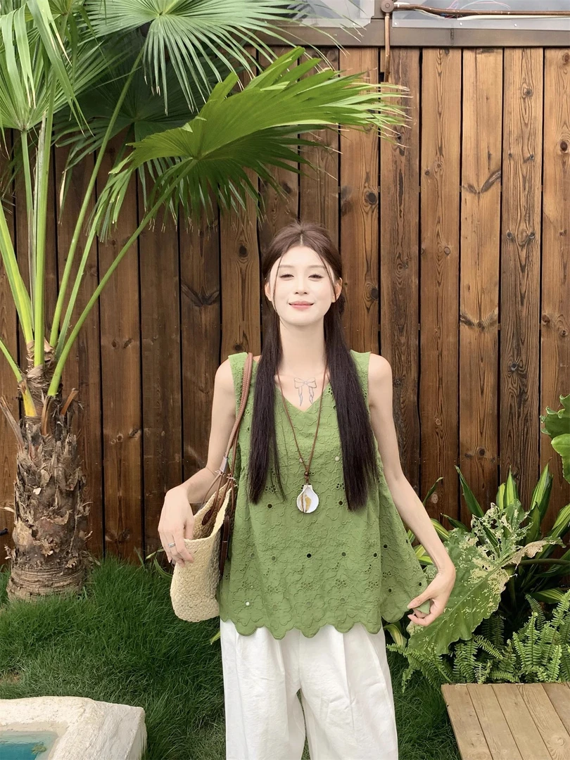 韩版夏季新款森系通勤风韩国东大门镂空刺绣设计年轻人棉绸套装