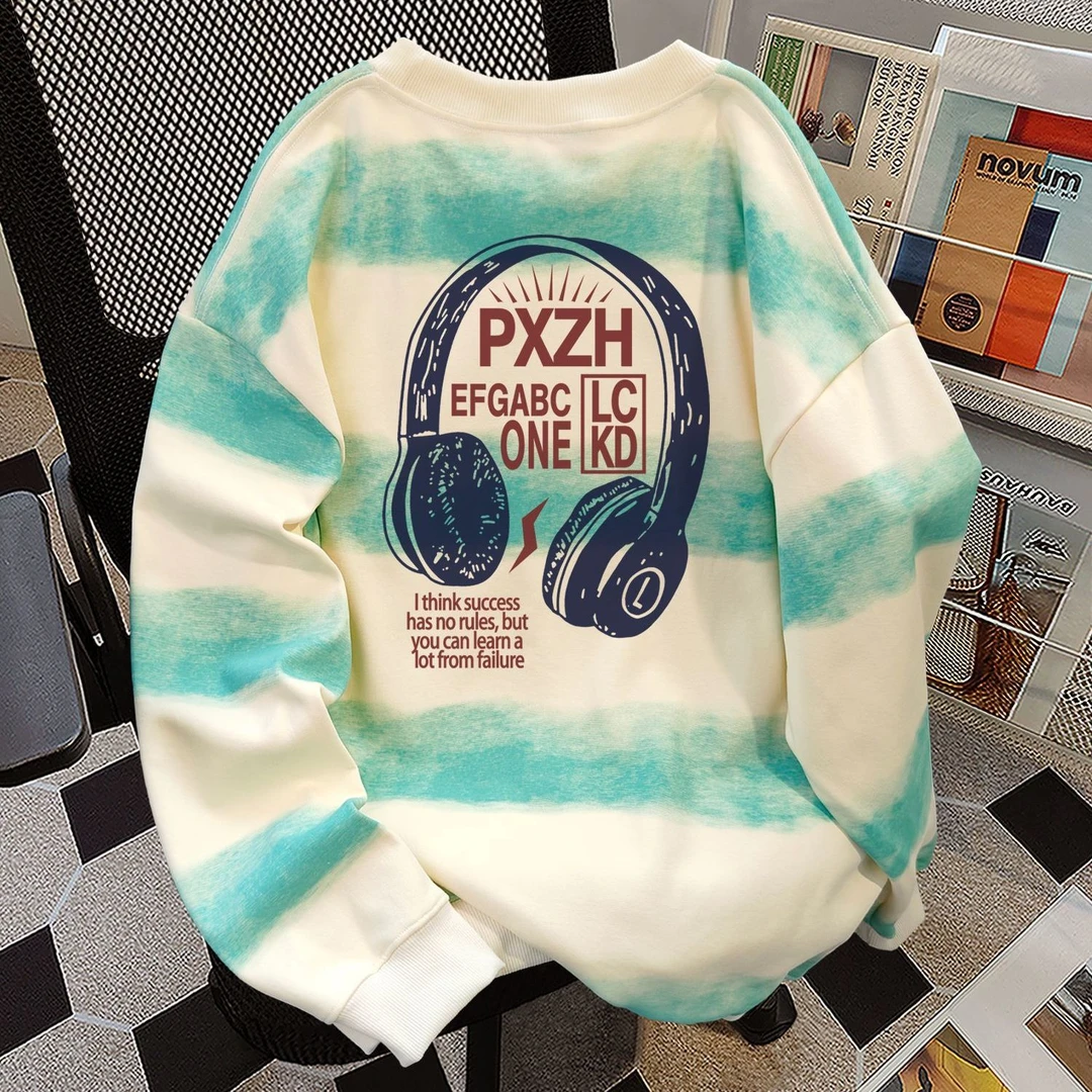 美式复古ins风秋冬季加绒加厚扎染横条宽松显瘦圆领卫衣男女上衣