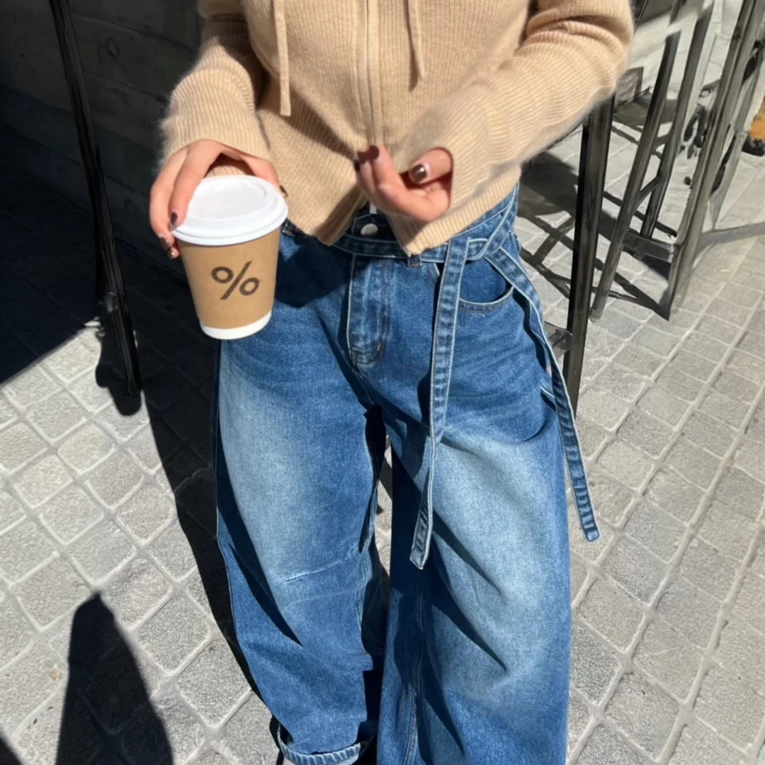 复古水洗抽绳宽松弯刀牛仔裤子女bf慵懒风春秋高腰显瘦阔腿长裤潮