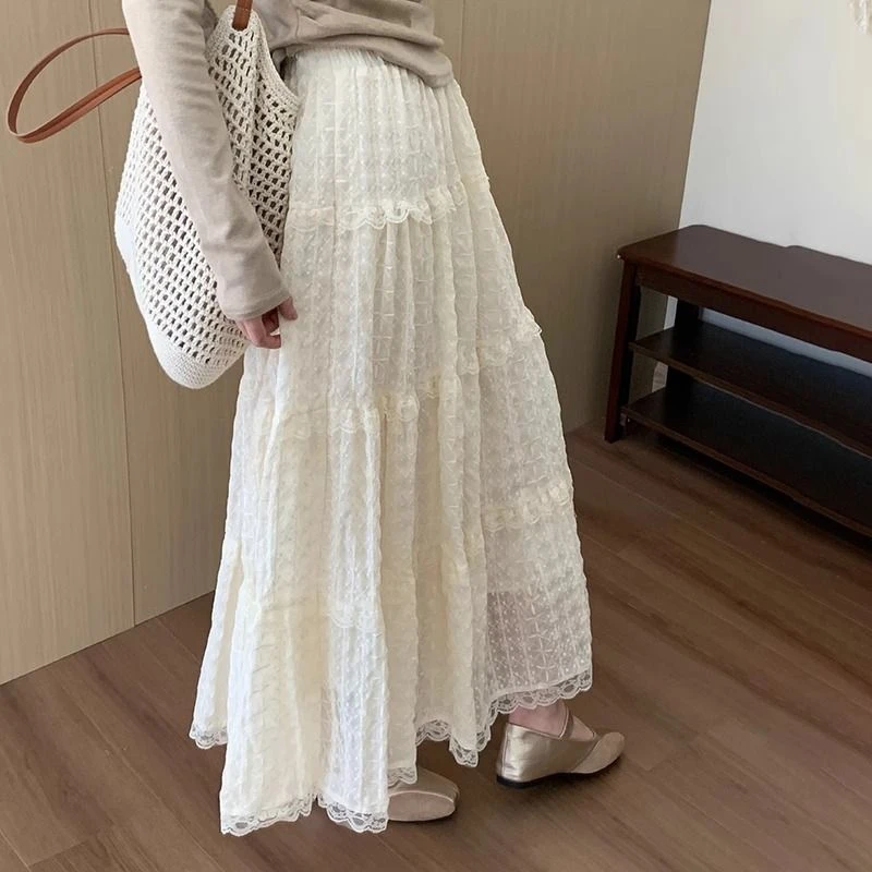 韩系甜美蕾丝刺绣钩花蛋糕半身裙子2025夏季新款显瘦A字裙长裙女