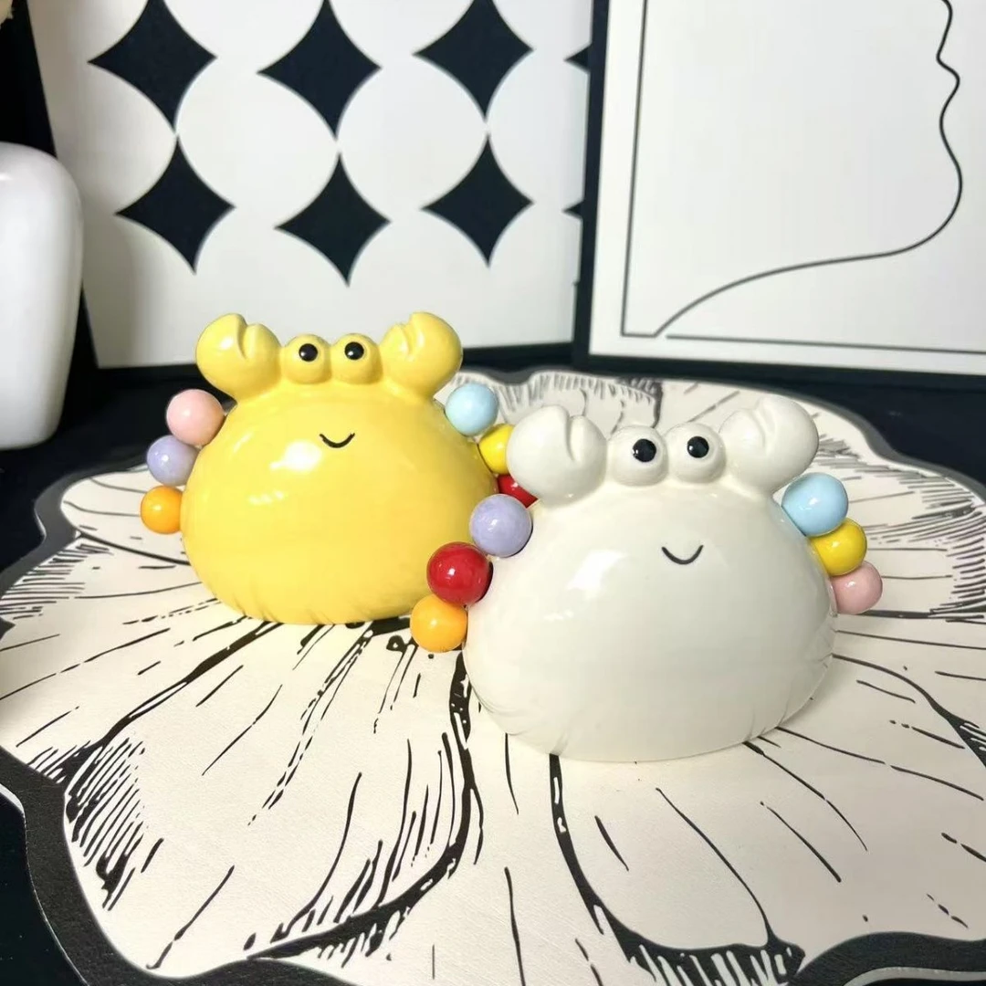 可爱螃蟹陶瓷收纳不锈钢水果叉紫家用甜品叉子马卡龙高颜值收纳罐