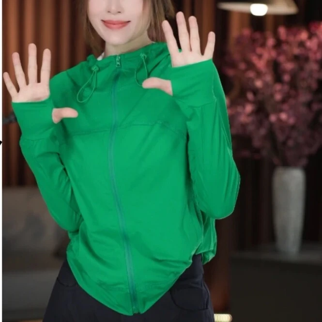 绿色冰爽高弹连帽防晒衣女2025夏季新款时尚速干运动宽松百搭上衣