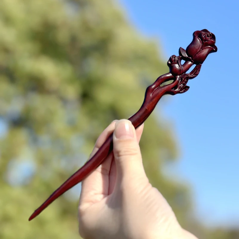 玫瑰新中式绿檀木发簪玫瑰花木质簪子女古风发钗挽发头饰百搭大气