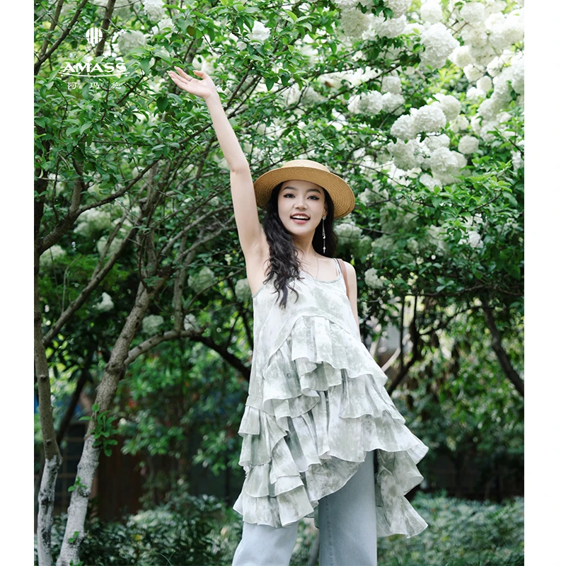 AMASS/阿玛施夏季新款洋气洋装吊带时尚印花无袖碎花连衣裙550015