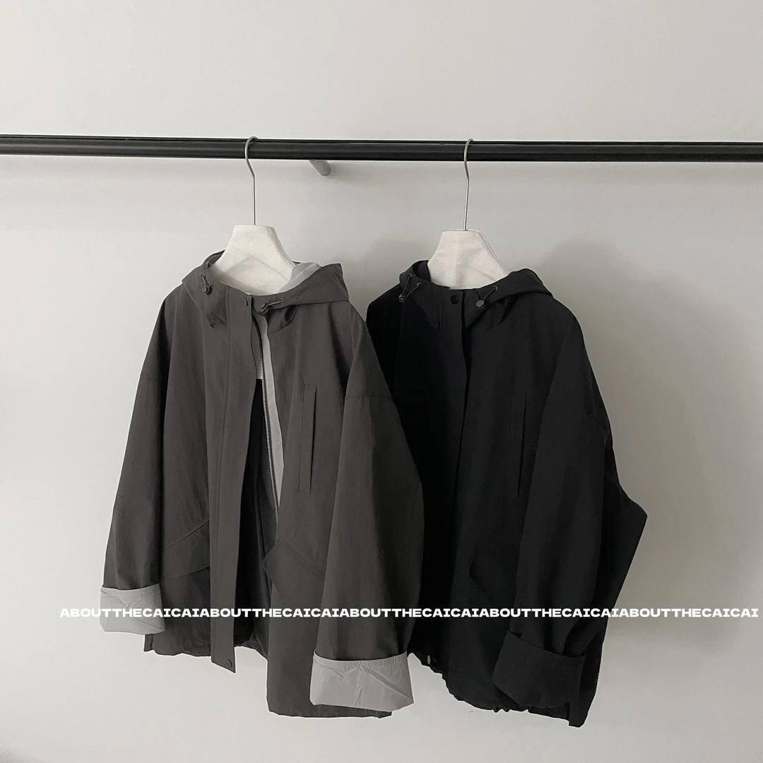 CAICAI高级感连帽短款风衣外套女秋季韩系简约休闲宽松防风上衣
