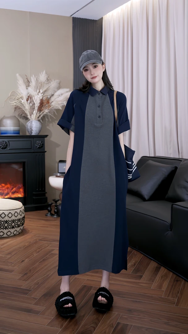 设计师原创时尚简约宽松舒适慵懒松弛拼色休闲翻领连衣裙Z253022