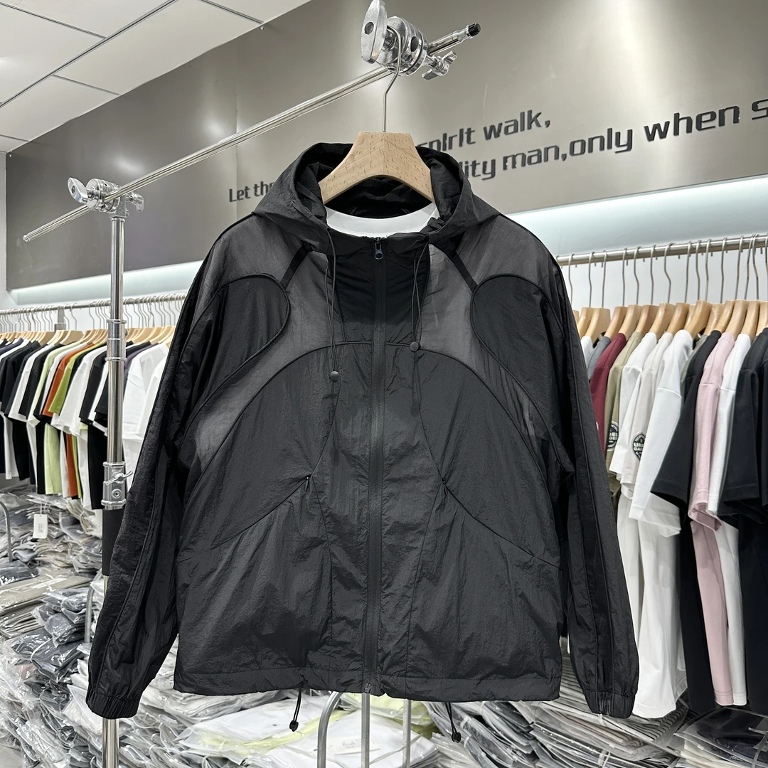 夏季新款男士连帽薄外套宽松休闲拼接网眼透气防晒衣