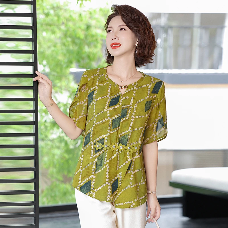 新款妈妈装夏季小衫时尚气质中年女装宽松洋气大码中老年短袖上衣