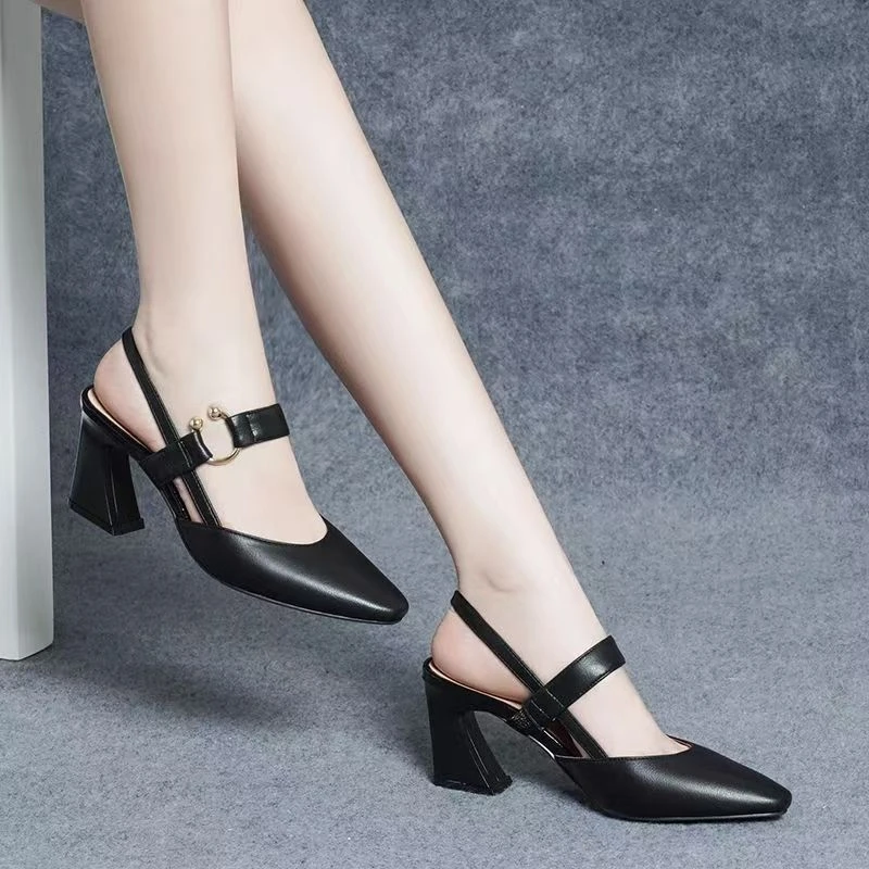 夏季尖头一字扣透气包头方根高跟鞋百搭时装职场休闲风