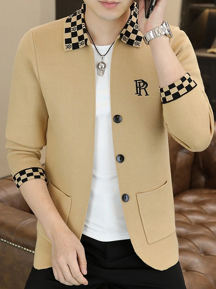 春秋季格子夹克男韩版修身翻领针织开衫外套高端痞帅时尚短款风衣
