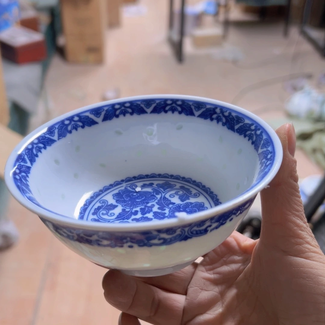 碗青花玲珑4.5寸牡丹小饭碗微瑕