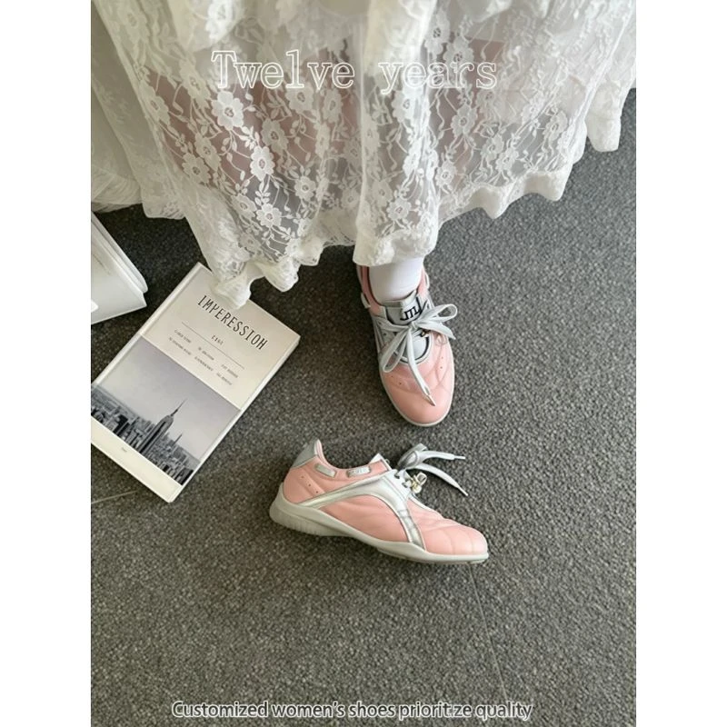 牛皮版~内增高5cm芭蕾德训女珍珠系带圆头拼色休闲鞋阿甘板鞋女