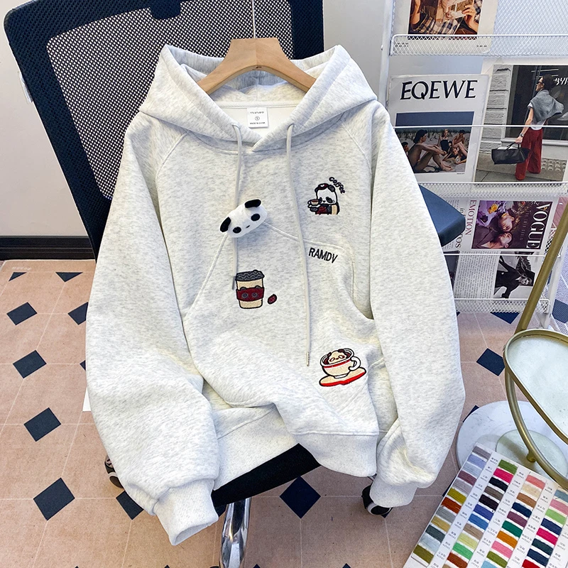 卡通公仔小熊刺绣连帽卫衣外套女秋季小个子oversize宽松外穿上衣