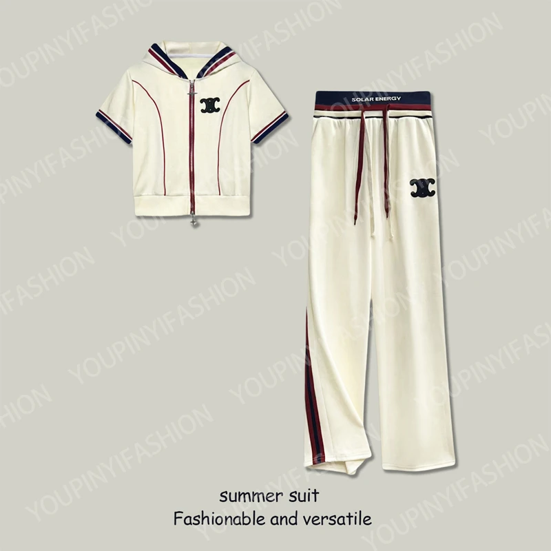 时尚休闲套装女2025夏季新款连帽拉链撞色拼接时尚百搭运动两件套