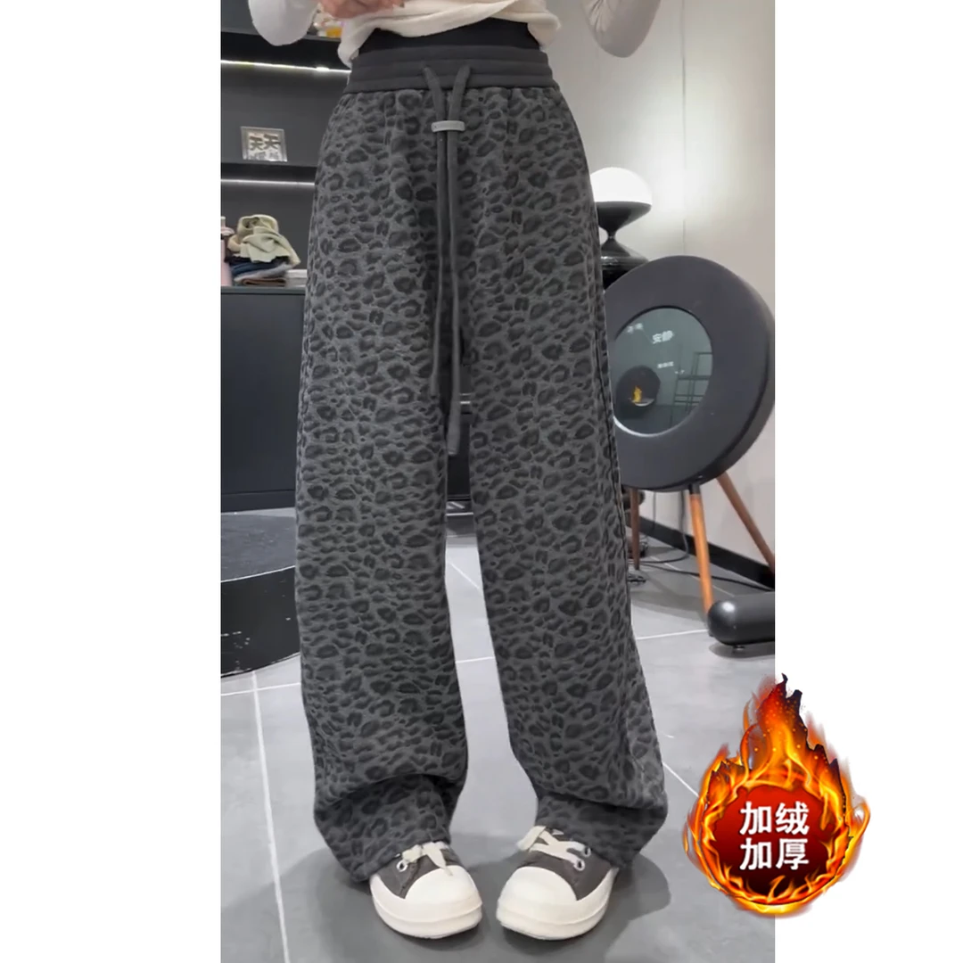 艾塔莉豹纹裤加绒加厚阔腿裤时尚百搭休闲裤女冬季新款直筒松紧腰