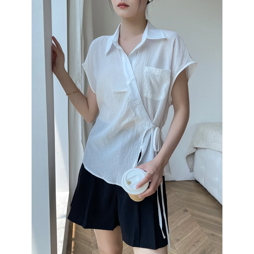 白色POLO领短袖衬衫女2025新款夏季时尚不规则设计感薄款上衣休闲