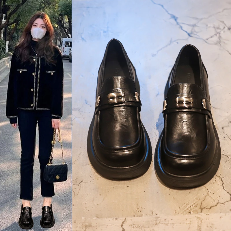 黑色厚底玛丽珍小皮鞋女英伦风增高秋季2025新款一脚蹬乐福鞋单鞋