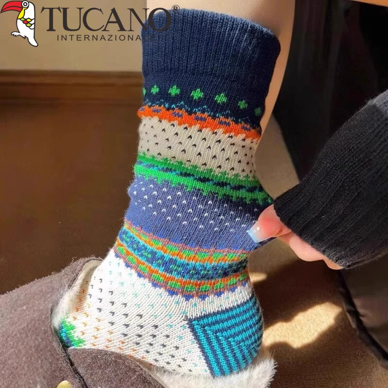 保暖厚袜子女中筒秋冬季费尔岛复古民族风双针毛圈棉袜加厚雪地袜