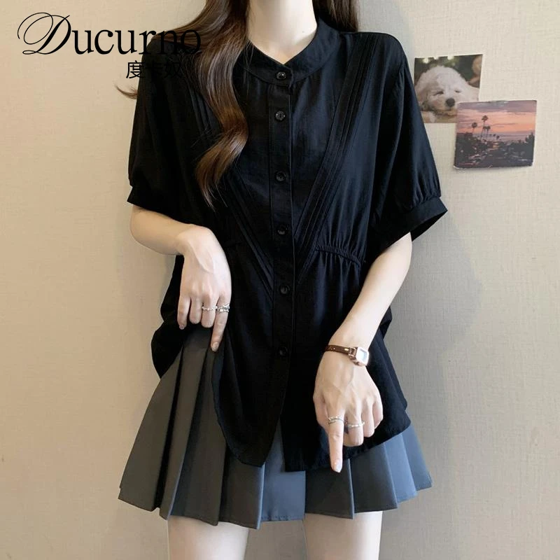 大码女装遮肚子减龄抽绳雪纺打底衫女夏季胖妹妹洋气百搭短袖衬衫