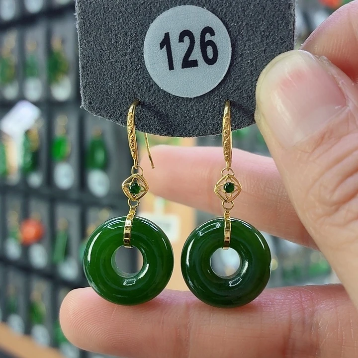 和田玉18K金镶嵌耳饰