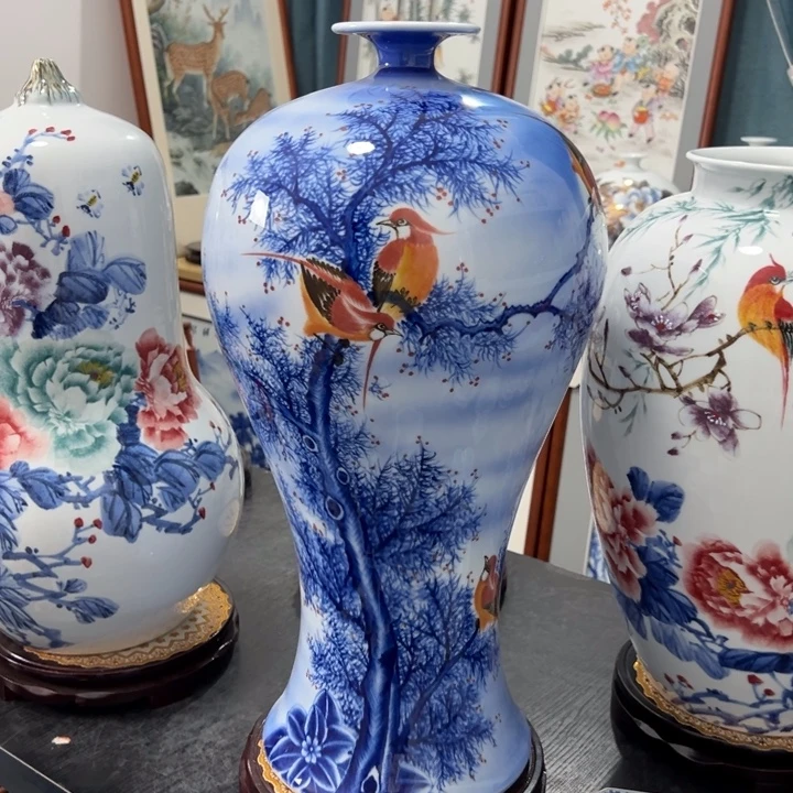 甘***雄陶瓷花瓶喜上枝头梅瓶高52肚子26