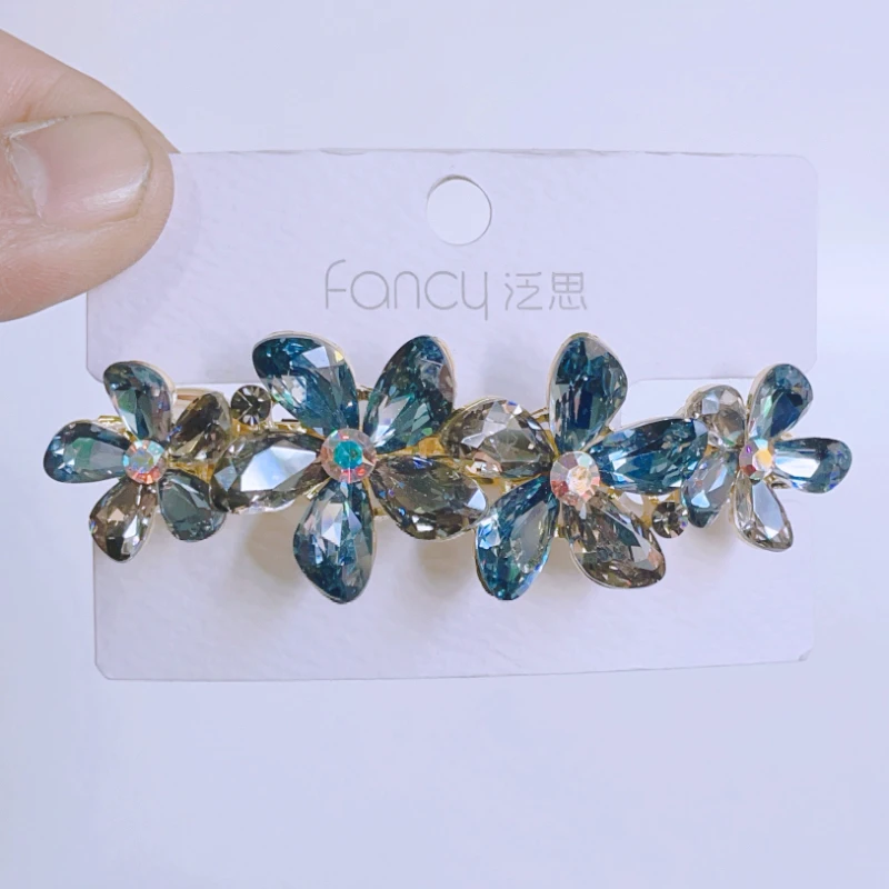 气质蓝色水晶花朵弹簧夹时尚水钻发夹后脑勺半扎发横夹一字夹顶夹