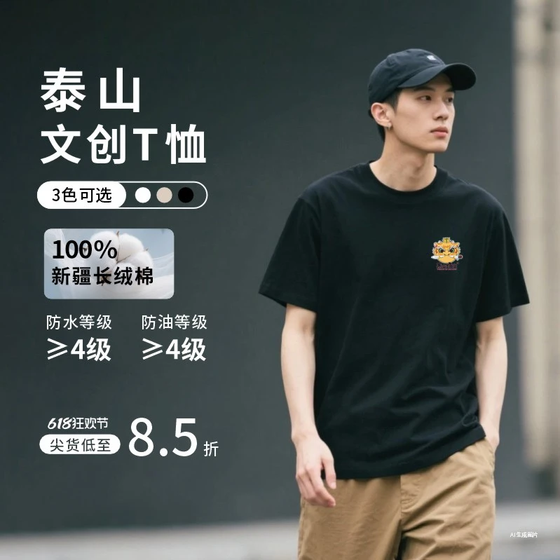 泰山平安T 2025新款纯色国潮背花T恤 圆领短袖 百搭正肩 吸汗透气