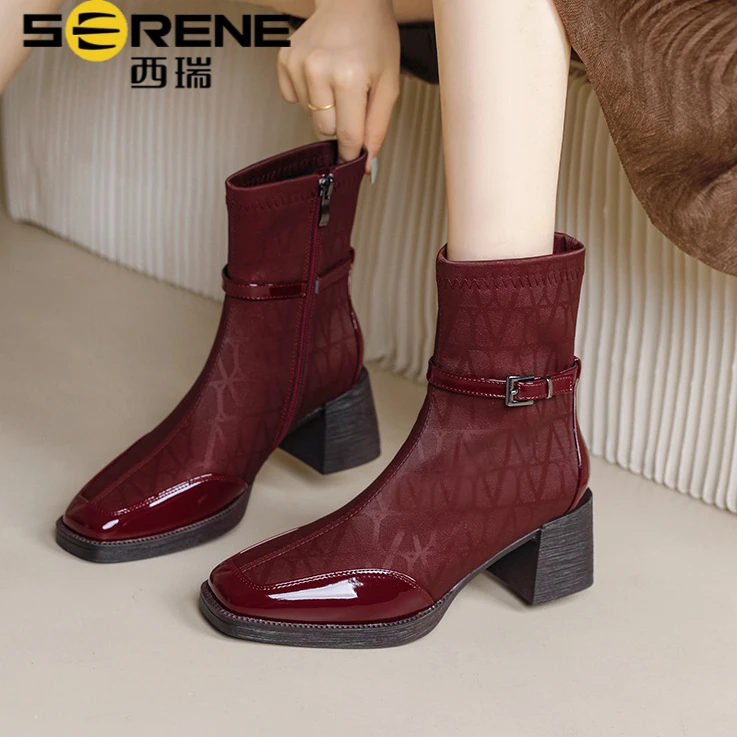 西瑞防水台高跟短靴女鞋冬季明星同款百搭鞋子2025今年流行靴子