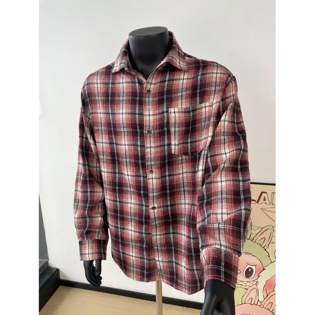 美式复古格纹衬衫男长袖早秋潮牌磨毛夏季外套宽松慵懒风休闲衬衣