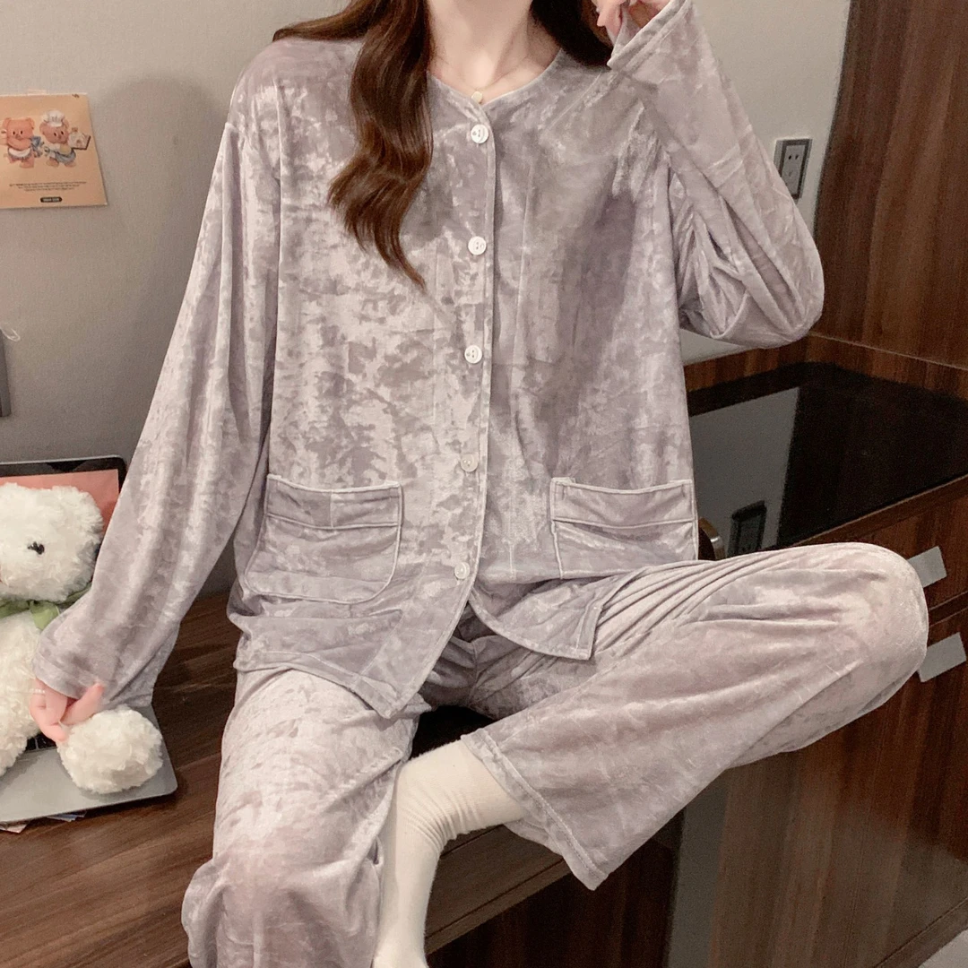 金丝绒睡衣女春秋季长袖套装新款圆领高级感宽松可外穿秋冬家居服