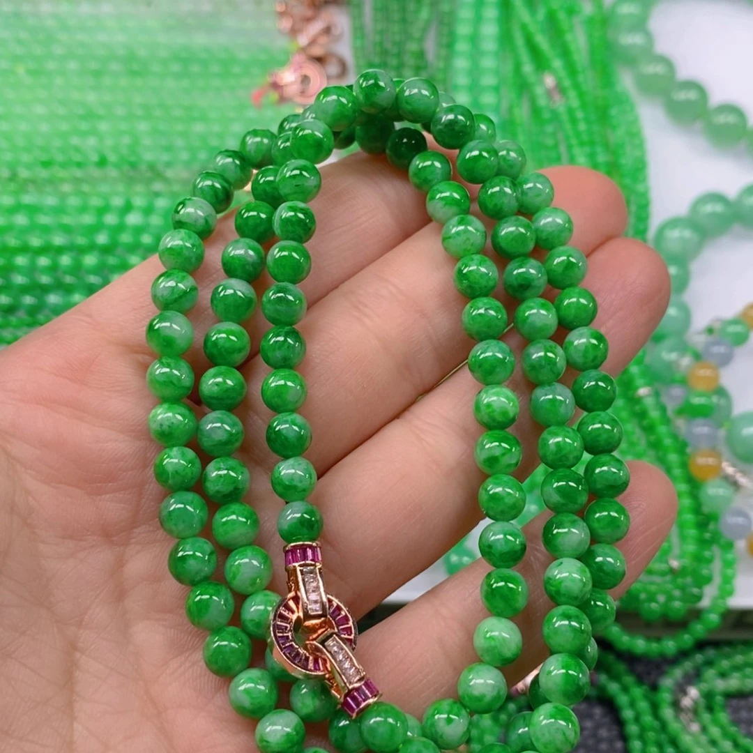 翡翠颈饰未镶嵌缅甸天然翡翠辣阳绿项链6.2m' m