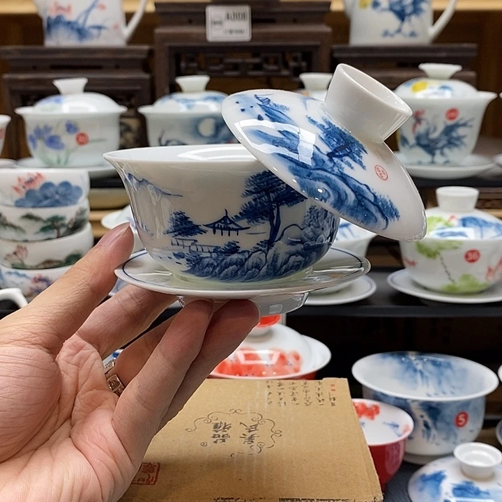 手绘枫桥夜泊150cc三才悬停釉下彩微瑕福利款