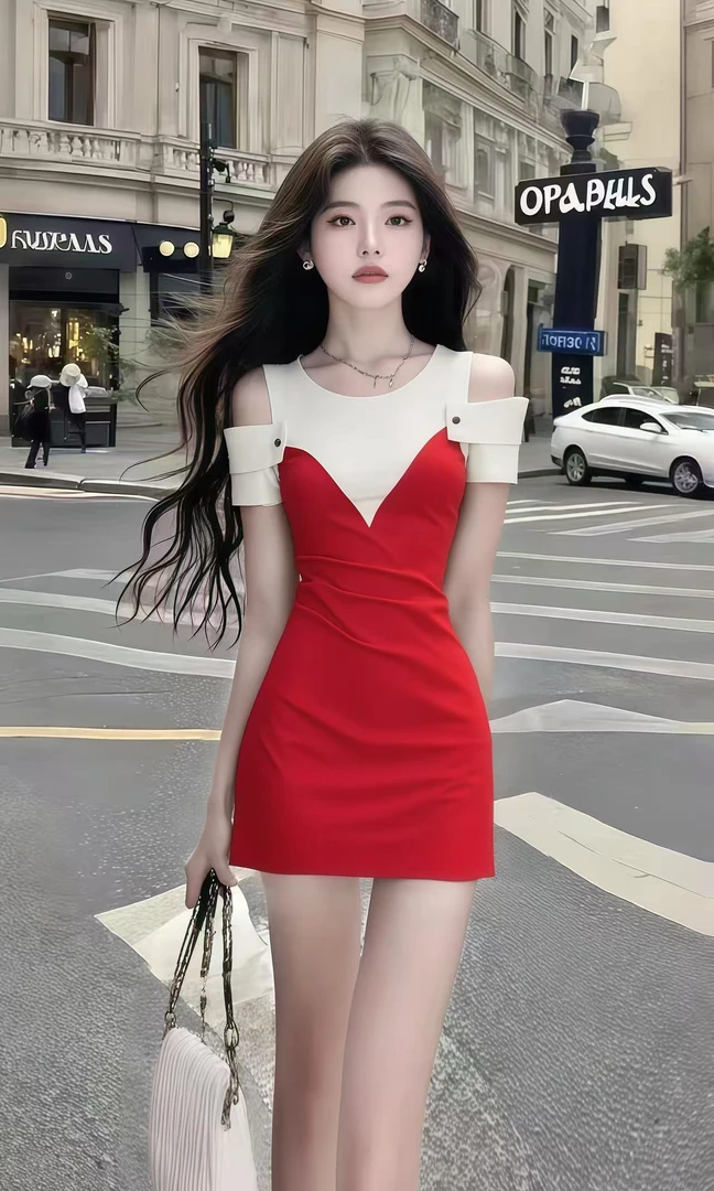 法式温柔千金风红色圆领短袖收腰露肩连衣裙女小香风时尚气质女装