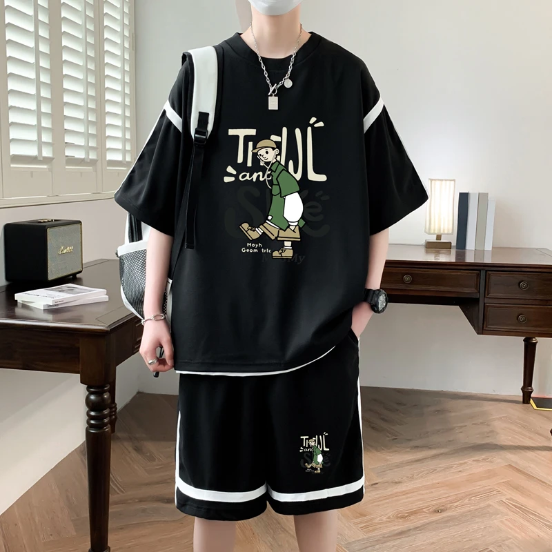 假两件短裤帅气休闲运动套装大码印花夏季ins男士学生