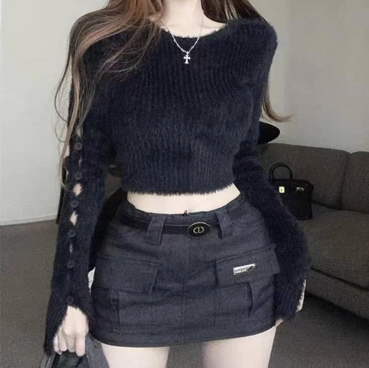 软糯温柔风辣妹奶fufu内搭毛衣女秋冬针织衫短款镂空高级感上衣66
