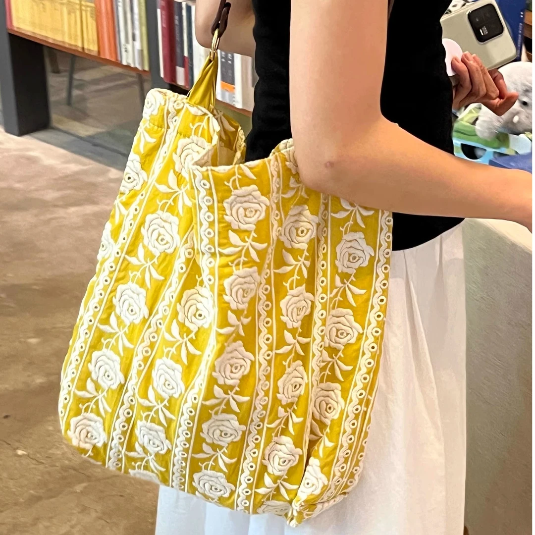 2025新款重工刺绣花朵包黄色玫瑰刘亦菲同款单肩托特包帆布包