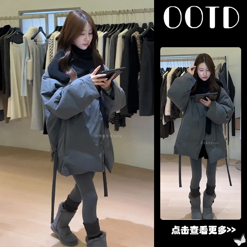 秋季流行穿搭一整套女2025新款翻领飘带棉服外套百搭短裤两件套