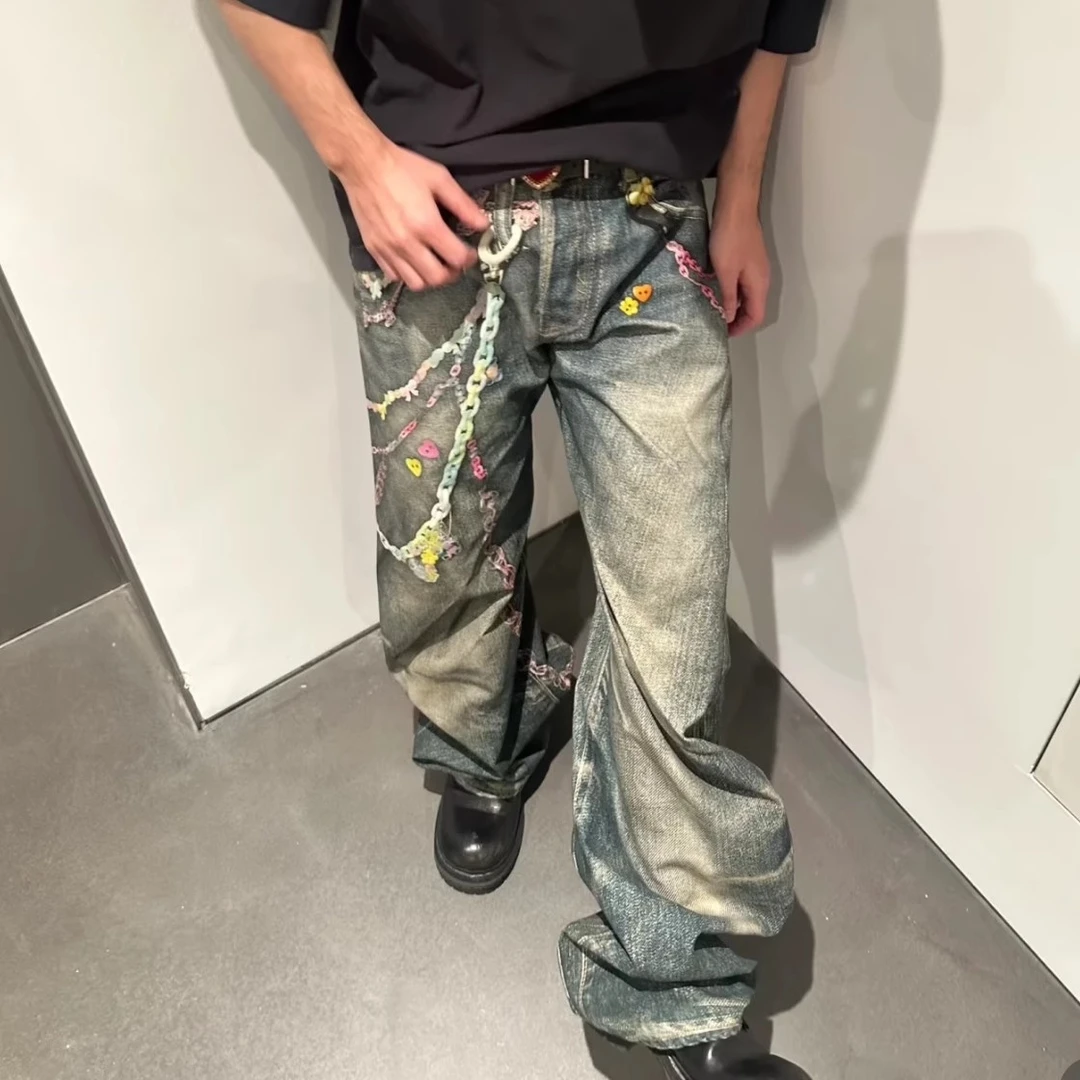 【高版本】AC风格新款糖果裤链3D印花打印街头牛仔裤男同款做旧长裤