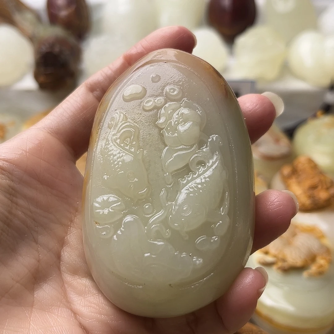 石材方解石手把摆件不退换鱼