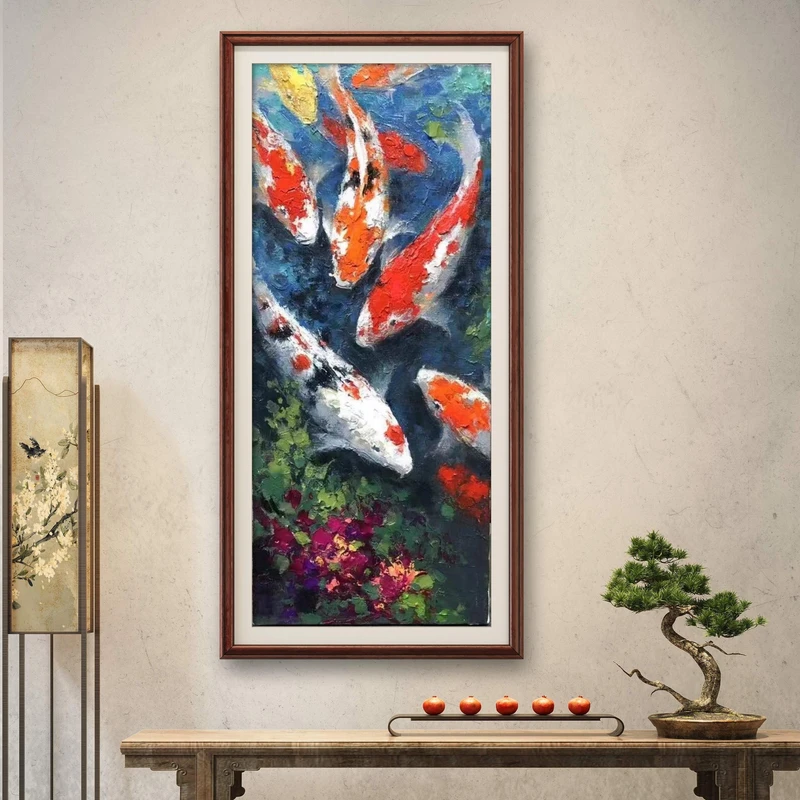 【年年有余-加框40*80】九鲤鱼朱清忠原创油画的肌理复刻版画装饰画