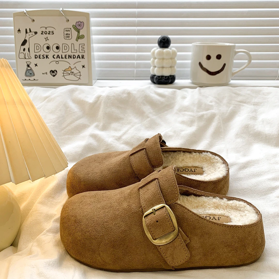 厚底内增高勃肯鞋加绒包头半拖鞋女外穿2025新款秋冬复古毛毛棉拖